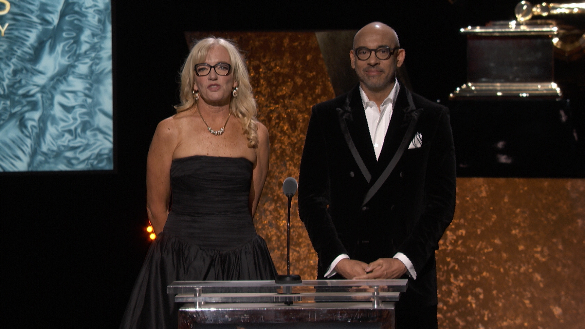 Recording Academy CEO Harvey Mason jr. & City National Bank Executive Vice President And Chief Marketing And Digital Officer Linda Duncombe Welcome Guests & Nominees To The 2024 GRAMMYs Premiere Ceremony